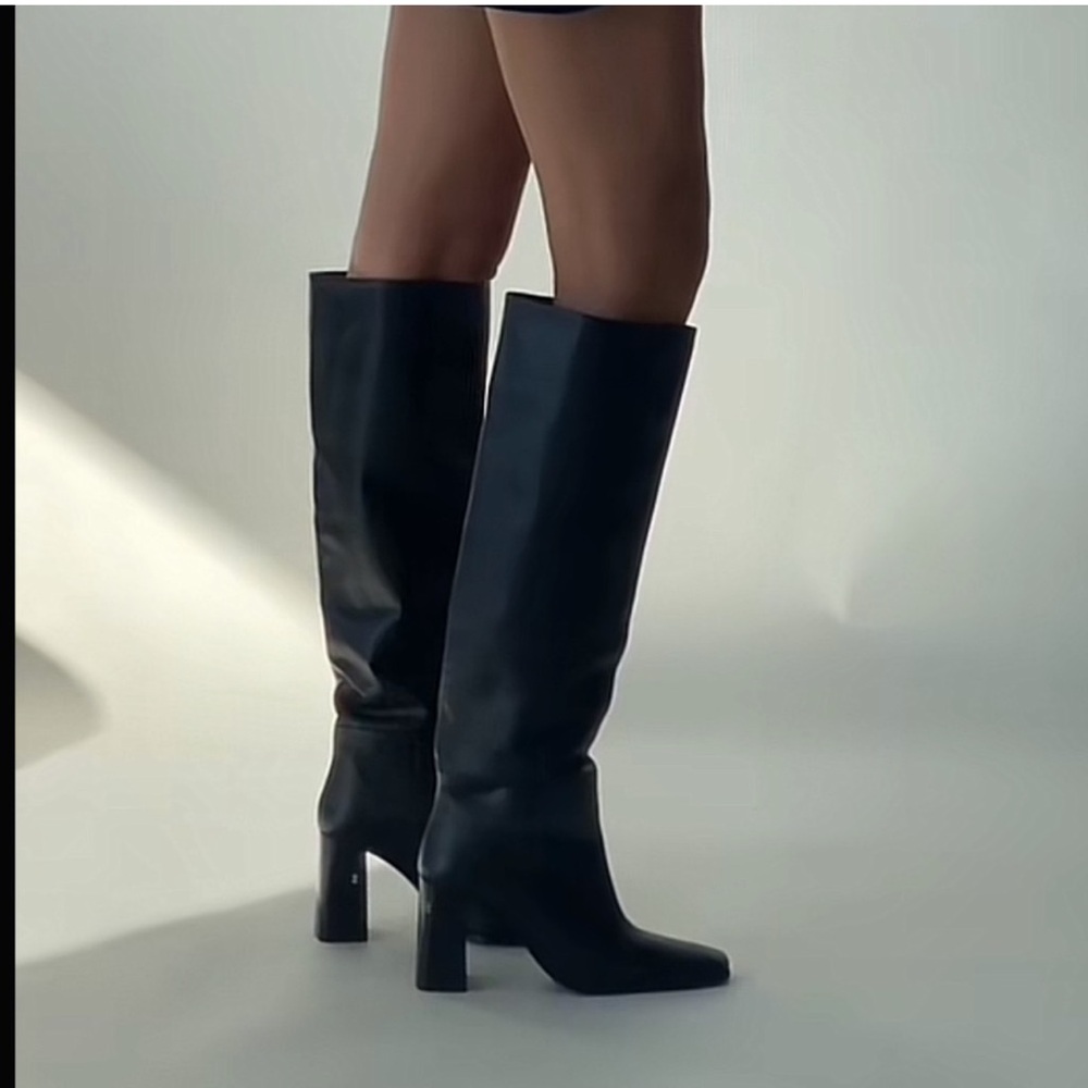 Zara knee high leather square toe block heel black boots blogger favorite 40 / 9